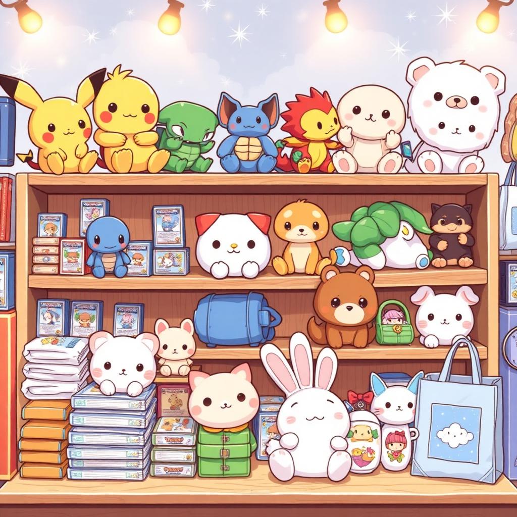 Cozy magical workshop with floating mugs, tees and chibi creatures